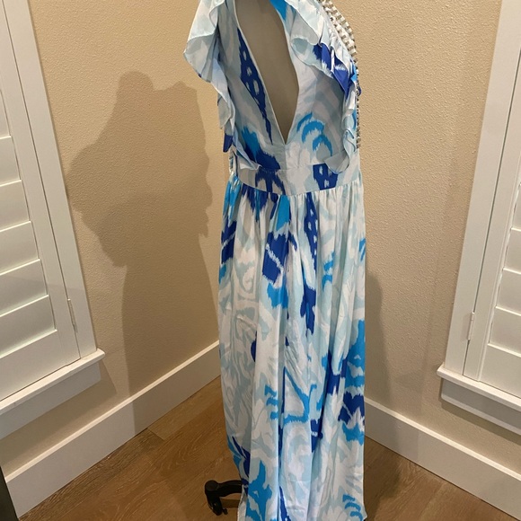 NWT Sheridan French Stacey Maxi Dress Tulip Ikat Beaded Metallic Blue Medium - Picture 3 of 16